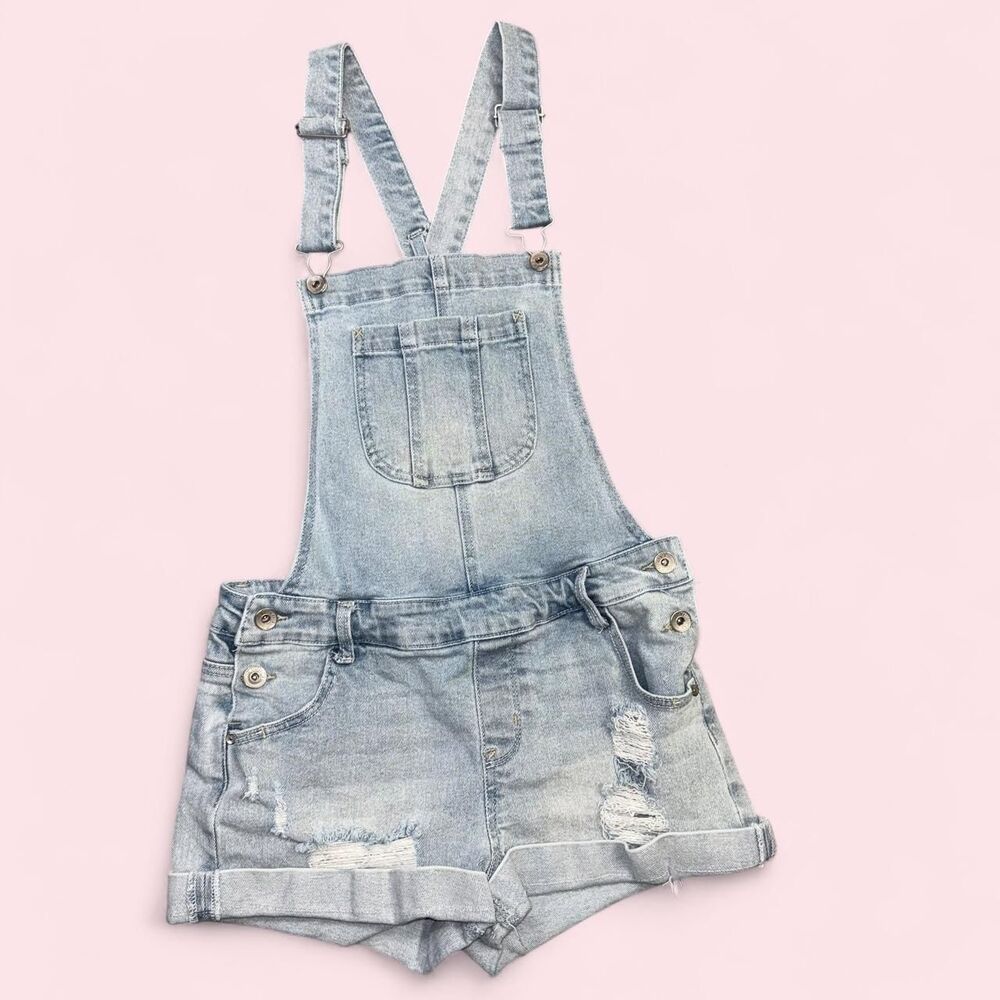 WallFlower Distressed Light Wash Denim Shortalls Overall Shorts – Size M